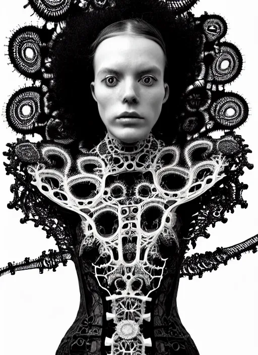 Image similar to surreal black and white photo portrait of complex bio-mechanical beautiful young female vegetal-cyborg with a Mandelbrot fractal steampunk metal fine lace face, a very long neck and a fine metal floral foliage super big lace collar by Alexander McQueen:: high fashion, haute couture, rococo, steampunk, silver filigree details, anatomical, facial muscles, cable wires, microchip, elegant, hyper realistic, 150 mm lens, soft rim light, octane render, unreal engine, picture was taken in 1910 by Dora Maar, volumetric lighting, 8k,