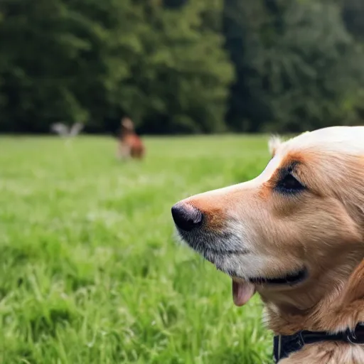 Image similar to a dog getting a treat on a meadow