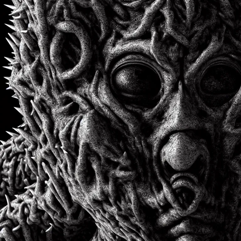 Prompt: surreal closeup face portrait of faceless ribbed spiky man, black background, baroque painting, desolate empty wasteland, creepy, nightmare, dream-like heavy atmosphere, surreal abandoned buildings, neoclassic, baroque painting, beautiful detailed intricate insanely detailed octane render trending on Artstation, 8K artistic photography, photorealistic, volumetric cinematic light, chiaroscuro, Raphael, Caravaggio, Beksinski, Giger, Rembrandt