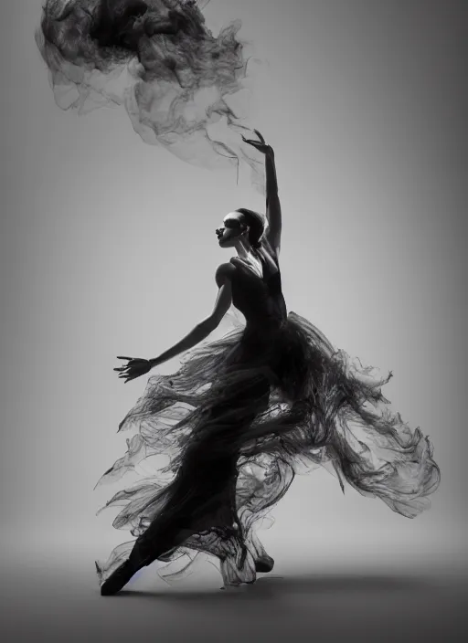 Image similar to a Photorealistic dramatic hyperrealistic render of a glamorous beautiful Female smoke dancer by Ken Brower and Deborah Ory of NYC Dance project,Lois Greenfield,Flowing cloth and smoke,Beautiful dynamic dramatic dark moody lighting,volumetric,shadows,cinematic atmosphere,Octane render,8K