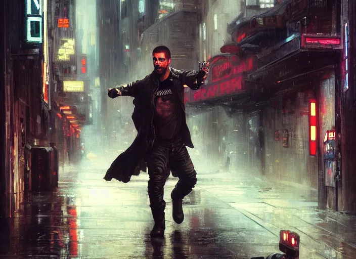 Image similar to blade runner fighting android ( blade runner 2 0 4 9, cyberpunk 2 0 7 7 character design ). orientalist portrait by john william waterhouse and james gurney and theodore ralli and nasreddine dinet, oil on canvas. cinematic, hyper realism, realistic proportions, dramatic lighting, high detail 4 k