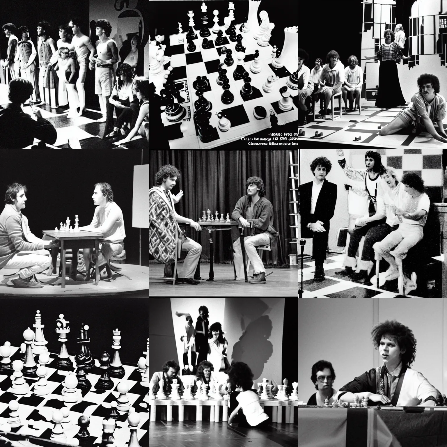 Prompt: photograph from the stage production of Chess 1985