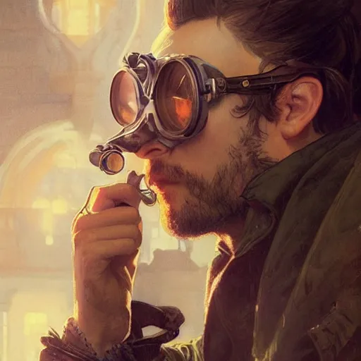 Prompt: an inventor, goggles on forehead, thin beard, messy black hair, d & d, fantasy, intricate, cinematic lighting, highly detailed, digital painting, artstation, concept art, smooth, sharp focus, illustration, art by artgerm and greg rutkowski and alphonse mucha