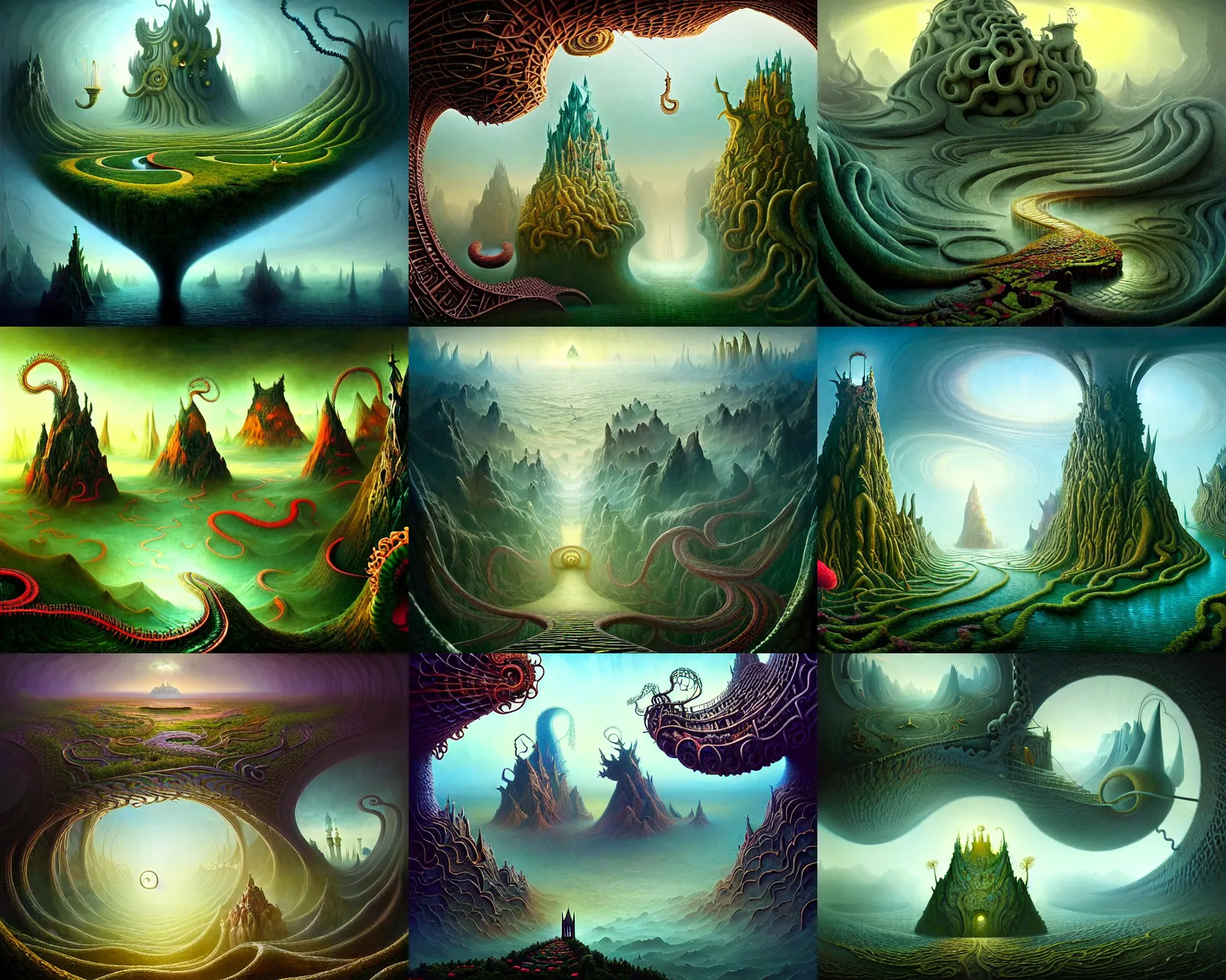 Prompt: a beguiling epic stunning beautiful and insanely detailed matte painting of the impossible winding path into lovecraftian dream worlds with surreal architecture designed by Heironymous Bosch, mega structures inspired by Heironymous Bosch's Garden of Earthly Delights, vast surreal landscape and horizon by Sichen Wang and Cyril Rolando and Tyler Edlin, masterpiece!!!, grand!, imaginative!!!, whimsical!! intricate details, sense of awe, elite, wonder, insanely complex, masterful composition!!!, sharp focus, protagonist in foreground, fantasy realism, dramatic lighting