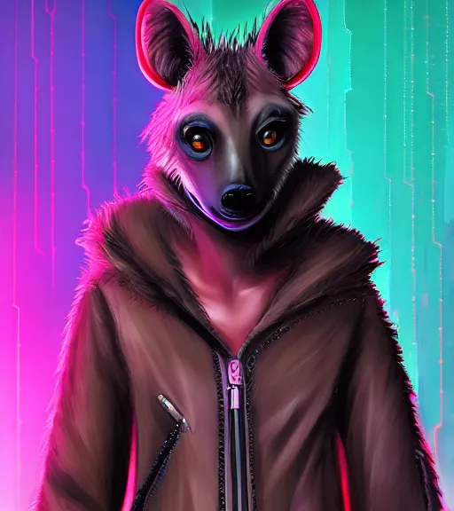 Image similar to digital painting of anthromorphic hyena female smoking cigarrete, fursona, furry fandom, furaffinity, neon rainy cyberpunk setting, anthro, wearing cyberpunk leather jacket, detailed face, blade runner, zootopia style,