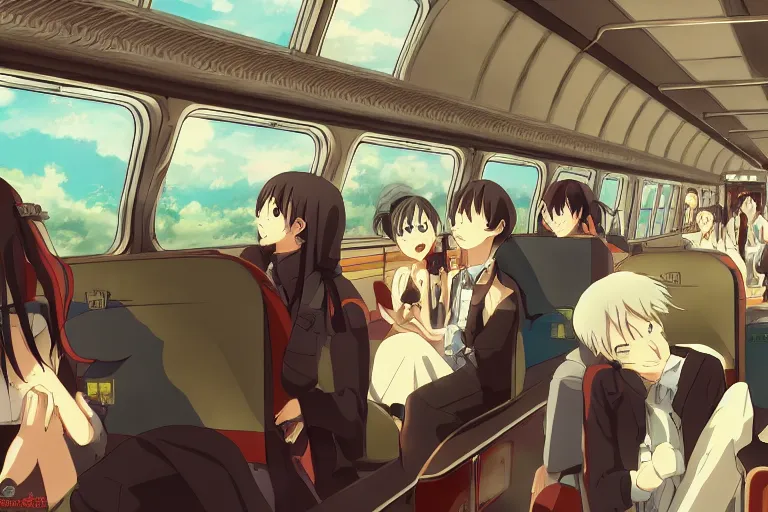 Prompt: inside a train, interior, bullet train, detailed, p. a. works, ufotable, mappa, toei animation, trending on artstation pixiv, background, in the style of makoto shinkai