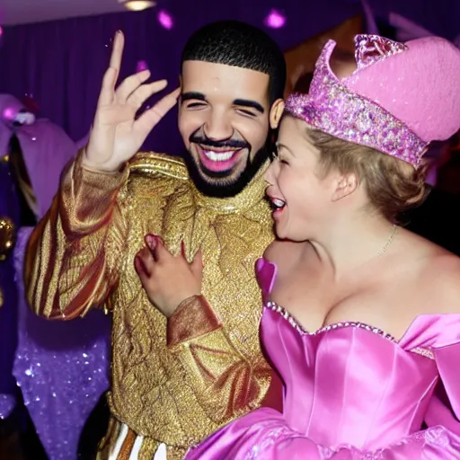 Image similar to drake giggling in a princess costume