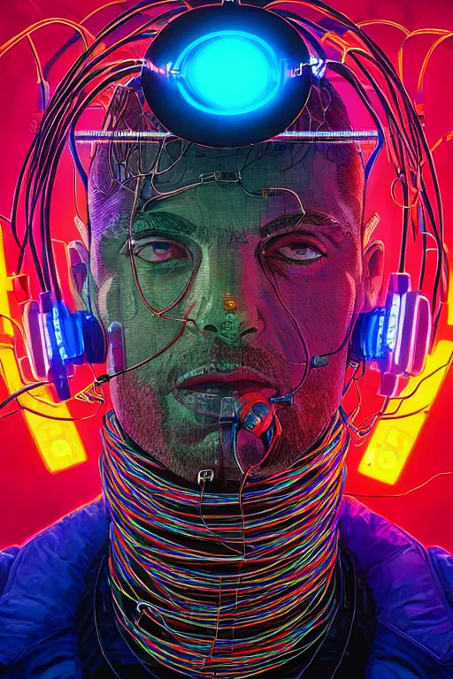 Image similar to stunning highly detailed portrait of a neuromancer billy gaat with cyber headgear surrounded by wires, neon colors, oil on canvas, strong lighting, by Josan Gonzalez, HD, 4K