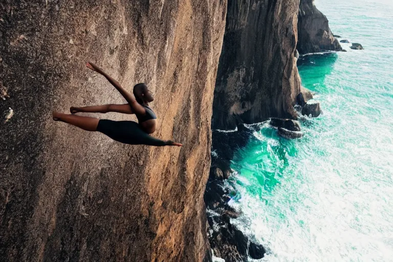 Prompt: photo of a gorgeous black model yoga on a Tesla on a cliff on the ocean By Emmanuel Lubezki