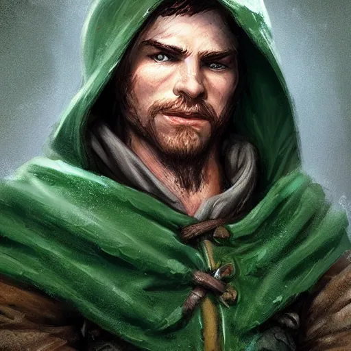Prompt: a handsome young rugged halfling ranger and a dark green hood and cloak in the forest, adventure gear, realistic, detailed, masterpiece, by Tony Sart, trending on ArtStation
