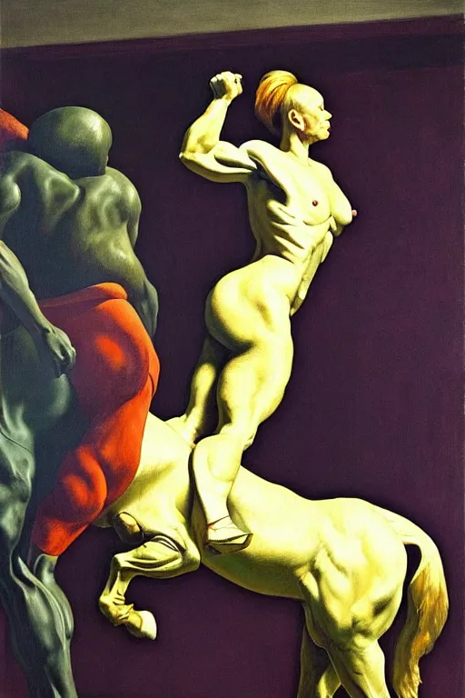 Image similar to astronaut bodybuilder lifts horse statue, highly detailed painting by francis bacon, edward hopper, adrian ghenie, gerhard richter, and james jean soft light 4 k,