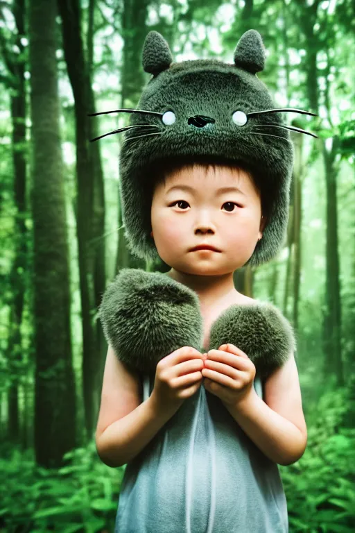 Prompt: Cinestill 50d, 8K, highly detailed, studio ghibli totoro style 3/4 extreme closeup portrait, eye contact, focus on model and girl, tilt shift zaha hadid style forest background: famous totoro remake, forest scene