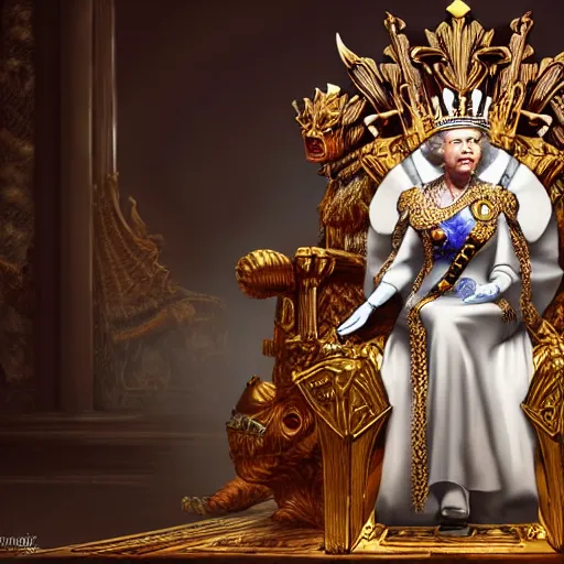 Image similar to Queen Elisabeth as a character in Warhammer sitting on a huge throne in a fantastic hall, Epic character design. Wallpaper, Artstation, Hyperrealistic, Hyperdetailed, Ultra Lighting, Raytracing