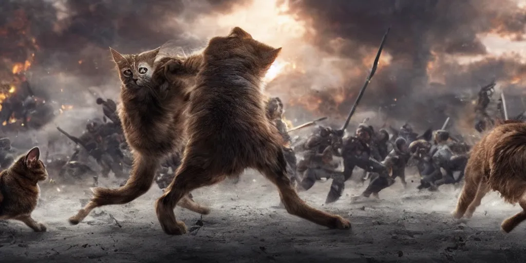 Image similar to epic battle scene cats versus dog, the last stand, Epic Background, highly detailed, sharp focus, 8k, 35mm, cinematic lighting