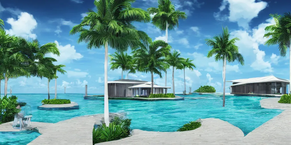 Image similar to hyperrealistic surreal virtual world of a florida keys resort with palm trees around a pool, a surreal vaporwave liminal space, minimalist architecture, metaverse, highly detailed, calming, meditative, dreamscape
