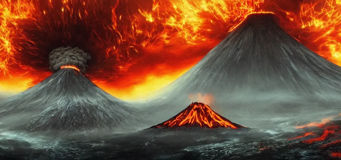 Image similar to Erupting Volcano with Monsters flying around it, gothic art, color, eerie, horror, scary, ominous, 8k, highly detailed