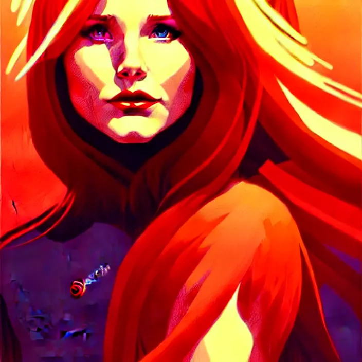 Image similar to style artgerm, joshua middleton, beautiful kristen bell with dark red dress, very long orange hair, symmetrical face, symmetrical eyes, fire powers fire swirling, detailed, volcano setting, cinematic lighting