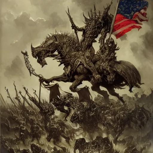 Prompt: an army of undead riding beasts with flag bearers and trumpeters, intricate detail, royo, vallejo, frazetta, giger, whealan,