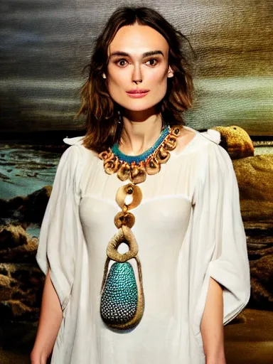 Image similar to a photograph of Keira Knightley wearing a necklace of seashells from the stage production of The Tempest taken with Nikon D3500