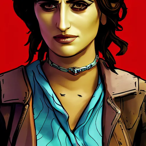 Image similar to penelope cruz portrait, borderlands, tales from the borderlands, the wolf among us, comic, cinematic lighting, studio quality, 8 k