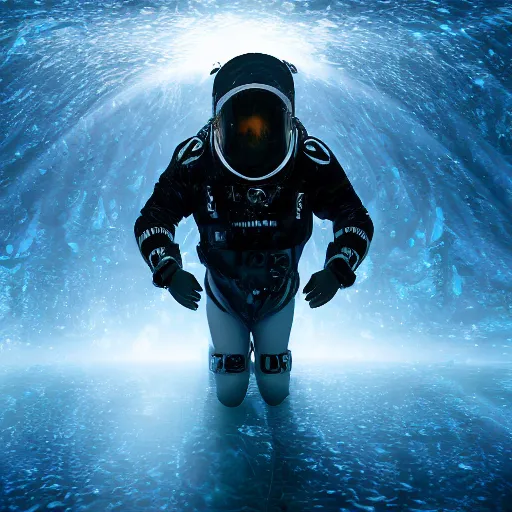 Image similar to concept art diver astronaut in underwater futuristic dark and empty spaceship. infrared complex and hyperdetailed technical suit design. meka helmet. reflection and dispersion materials rays and dispersion of light breaking through the deep water. 3 5 mm, f / 3 2. noise film photo. flash photography. trend artstation