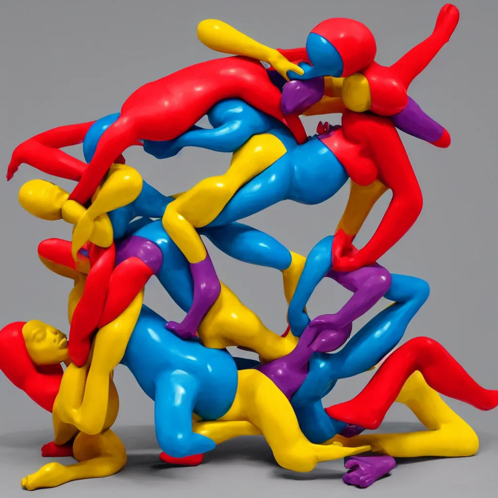 Image similar to kinetic sculpture of the two humans bodies collapsing each other, colorful, contemporary art, masterpiece, peaceful, romantic, geometric, symetrical, symetrical composition by Koons