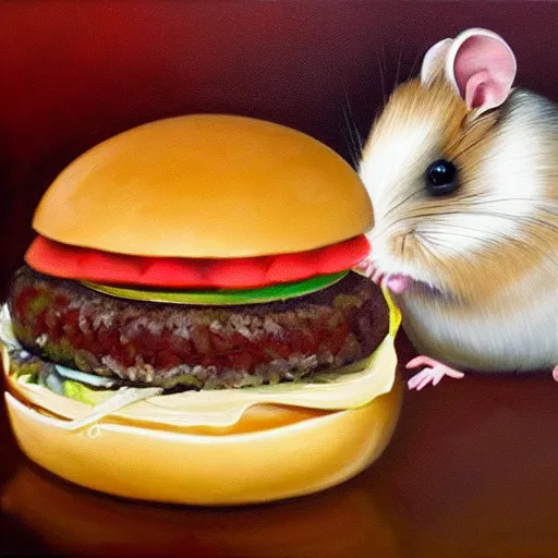 Image similar to a detailed oil painting of a hamster chewing on a giant hamburger