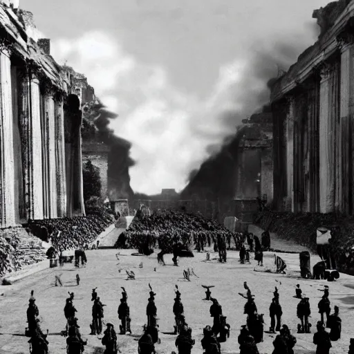 Prompt: world war ii style vintage pictures of the fall of rome. hyper realistic, black and white