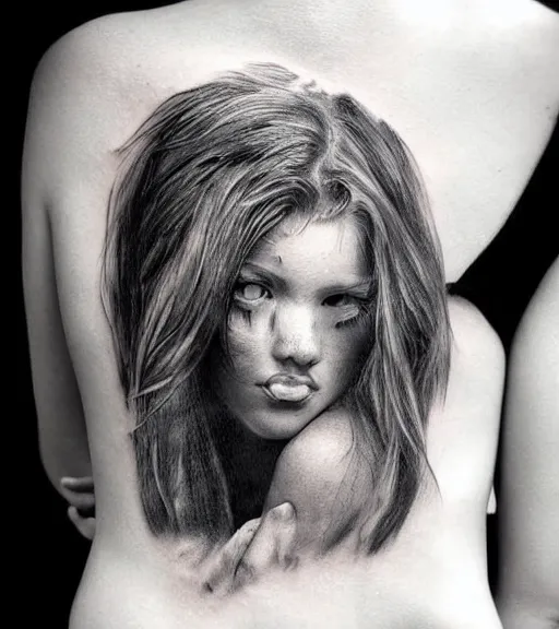 Image similar to a beautiful girl portrait in amazing nature and mountains, realism tattoo, in the style of den yakovlev, black and white, faded drawing, hyper realistic, highly detailed