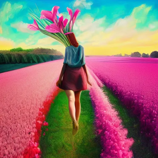 Image similar to giant gladiola flower as head, full body girl standing in a flower field, surreal photography, sunrise, dramatic light, impressionist painting, colorful clouds, digital painting, artstation, simon stalenhag