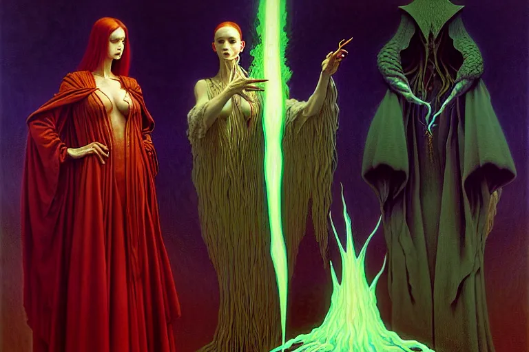 Prompt: the female arcanist and the male artificer by albert bierstadt and gerald brom and zdzisław beksinski and james gilleard and wayne barlowe and marc simonetti and jean delville, beautiful, robes, highly detailed, hyperrealistic, intricate, energy, electricity, blue flame, low light, green crystal, high contrast