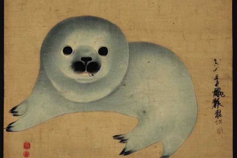 Image similar to demonic baby harp seal, Japanese painting, 1700s