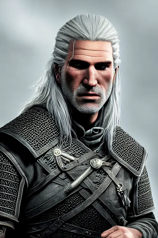 Image similar to portrait of geralt of rivia, 5 5 mm lens, professional photograph, times magazine, serious, stern look, zoomed out