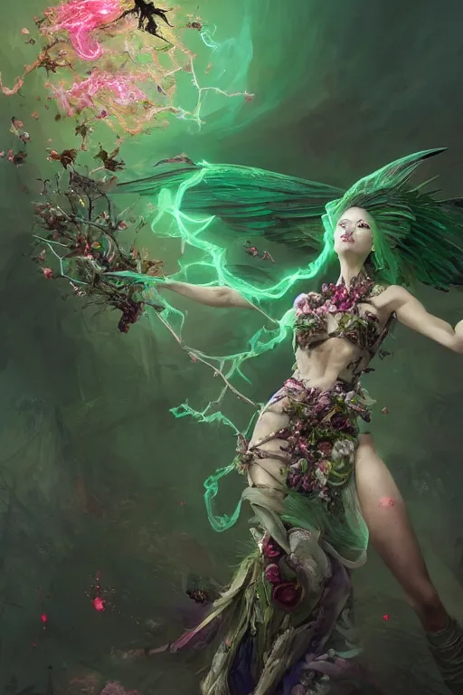 Image similar to beautiful girl necromancer, witch - doctor exploding into flowers fire crystal dress, angels, 3 d render, green magic, hyper realistic detailed portrait, holding electricity and birds, ruan jia, wlop. scifi, fantasy, magic the gathering, hyper detailed, octane render, concept art by artgerm, peter mohrbacher