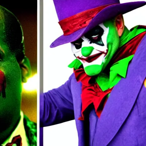 Prompt: cinematic close - up film still of shaquille o ’ neal as the joker in gotham city, shaq as the joker in his iconic green and purple suit with clown make - up