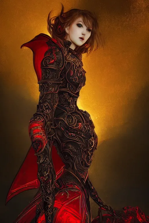 Prompt: portrait knights of Zodiac evilly girl, black and red reflected armor, in ruined Agora of Athens moon night and black magic, ssci-fi, fantasy, intricate, very very beautiful, elegant, golden light, highly detailed, digital painting, artstation, concept art, smooth, sharp focus, illustration, art by tian zi and WLOP and alphonse mucha