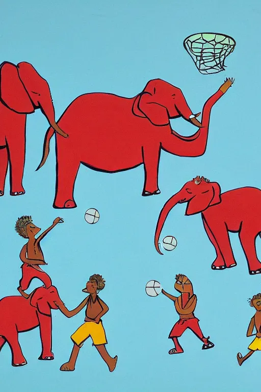 Prompt: elephants playing basketball by quentin blake