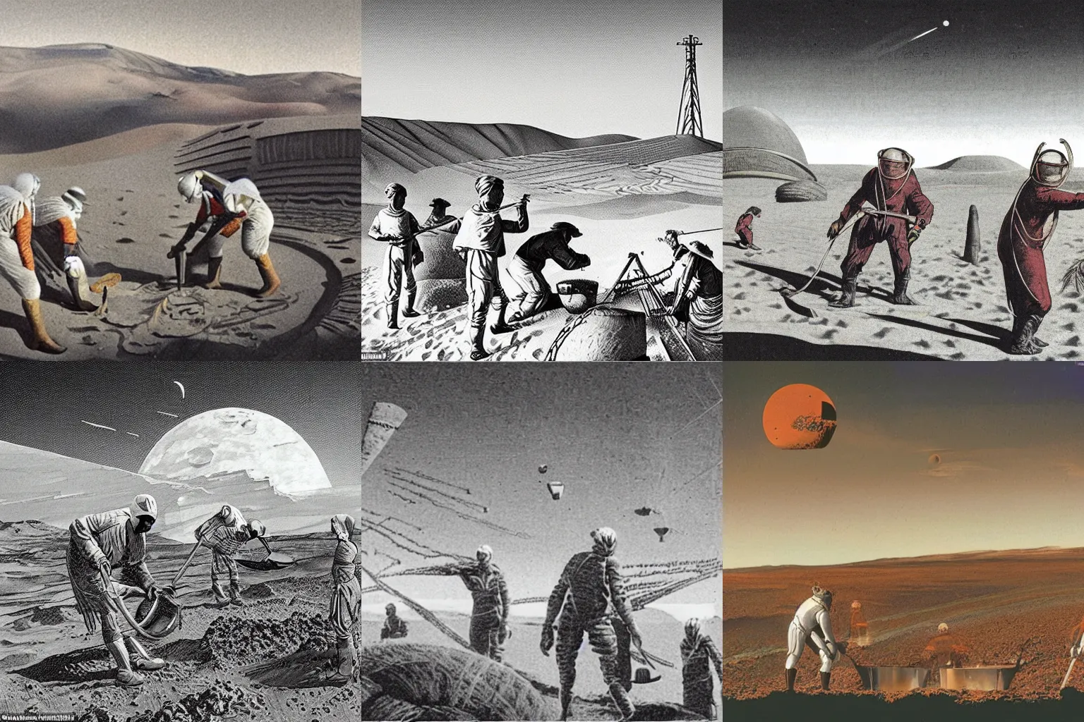 Prompt: An image in a magazine depicting farmers working on mars in traditional farmers outfits, 1920s speculative futurism, distant shot, some growing crops visible amongst sand