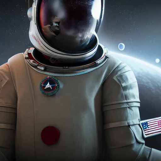 Image similar to Cinematic shot of Joseph Stalin astronaut, hd 4k, AAA game, octane render