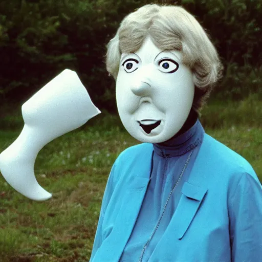 Image similar to middle-agedwoman wearing an inflatable nose, with extra eyeballs, in the countryside 1979 arthouse film, archival footage, technicolor film expired film