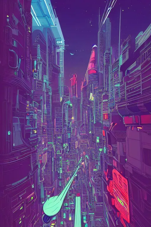 Image similar to astronaut cyberpunk surreal upside down city, neon lights, sharp edges, flat colors, cell shaded by moebius, Jean Giraud, trending on artstation