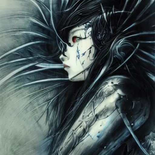 Image similar to Yoshitaka Amano realistic illustration of an anime girl with black eyes, wavy white hair fluttering in the wind and cracks on her face wearing Elden ring armour with engraving, abstract black and white patterns on the background, noisy film grain effect, highly detailed, Renaissance oil painting, weird portrait angle, blurred lost edges, three quarter view