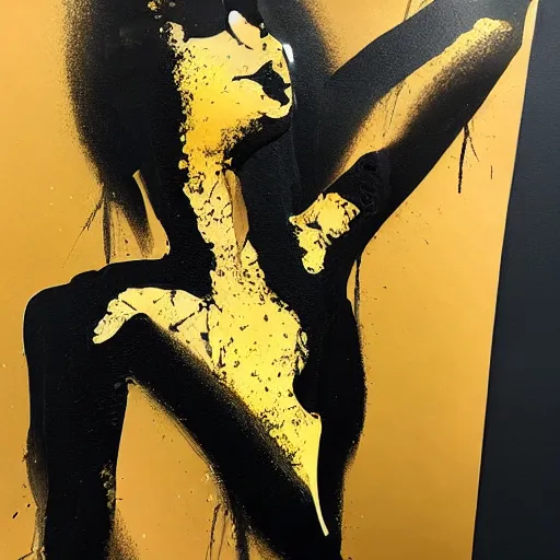 Prompt: liquid marble acrylic fluid paint, black ink, golden and black liquid materials, abstract art, beautiful female model full body portrait