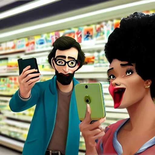 Prompt: stunning, coherent, beautiful painting, still of a creepy man following a beautiful black bbw woman in wal-mart, she is taking a selfie of the creepy man is following her, 3d, in the style of pixar, comic book style, 3d, highly detailed, highly detailed, sharp focus, bokeh, depth of field, 16k resolution, Unreal Engine 5, coherent, cinematic lighting, photorealistic, by Zhang Jingna