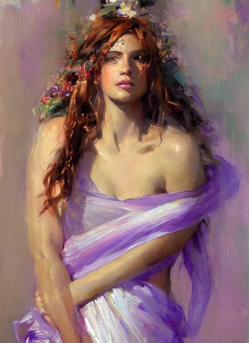 Prompt: painting of Aphrodite wearing a light purple sash over her shoulder, looking askance with a gentle sparkle in her eyes, by Jeremy Mann, detailed, stylized, loose brush strokes, bold colors, warm tones