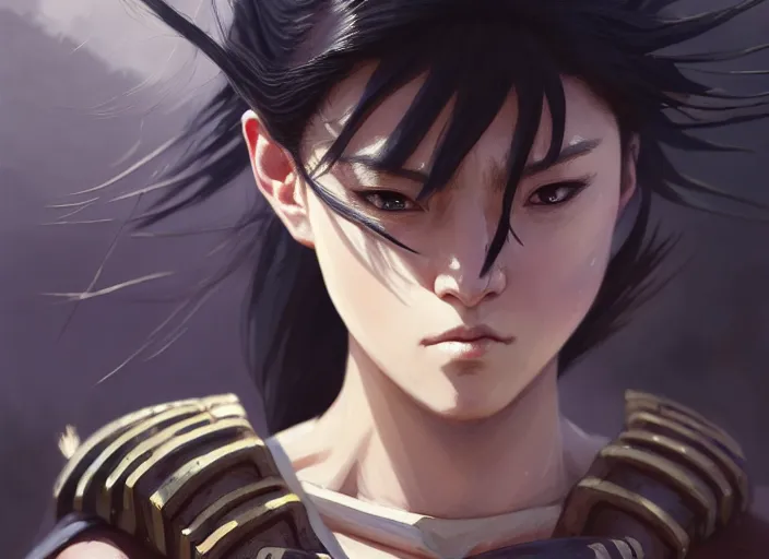 Image similar to a film still portrait of a warrior woman, finely detailed features, closeup at the face, sharp focus, perfect art, at lush forest background, cinematic lighting, intricate, anime!! gapmoe grimdark, artstation, trending on pixiv fanbox, painted by greg rutkowski makoto shinkai takashi takeuchi studio ghibli, akihiko yoshida