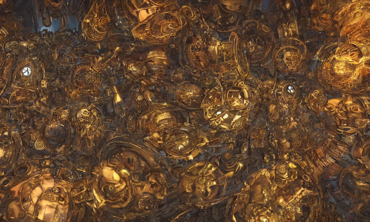 Image similar to steampunk engine laboratory 3 d volume kaleidoscope fractal voronoi metal chakra digital multicolor stylized concept substance natural color scheme, global illumination ray tracing hdr fanart arstation by sung choi and eric pfeiffer and gabriel garza and casper konefal