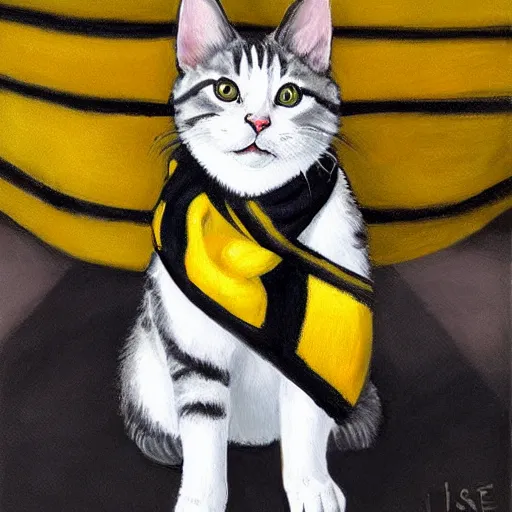 Prompt: oil painting extreme wide shot of a white and grey tabby cat wearing a black yellow striped hufflepuff scarf, in the gloucester cathedral cloisters, digital painting, high detail, award - winning, playful