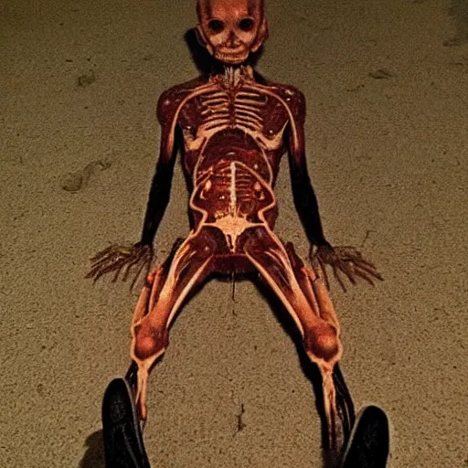 Image similar to grainy autopsy photos of an alien at area 5 1, gory, very realistic