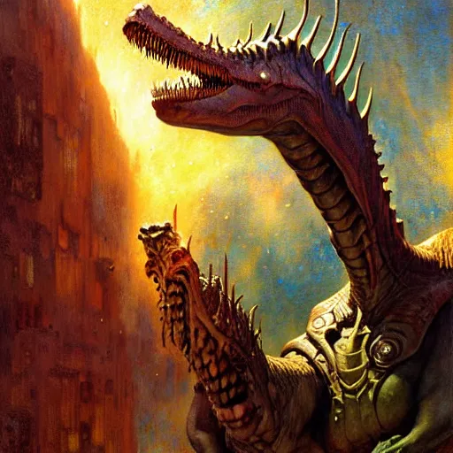 Image similar to portrait of sauron the dinosaur mutant from xmen. shadowrun furaffiniy cyberpunk fantasy highly detailed painting by gaston bussiere craig mullins jc leyendecker gustav klimt artgerm greg rutkowski john berkey, bergey, craig mullins, ruan jia, raymond swanland, jeremy mann, tom lovell, alex malveda